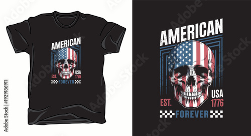 T-shirt design print illustration American skull with usa flag, forever USA, est 1776, vintage design