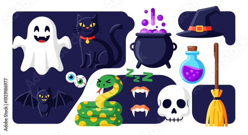A collection of spooky Halloween-themed illustrations including a ghost, black cat, snake, bat, skull, witch's hat, cauldron, and potion.