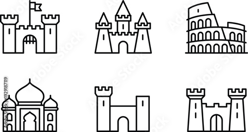 Famous Castle and Historical Monument Line Icon Set with Fortress Palace and Colosseum Architecture Symbols