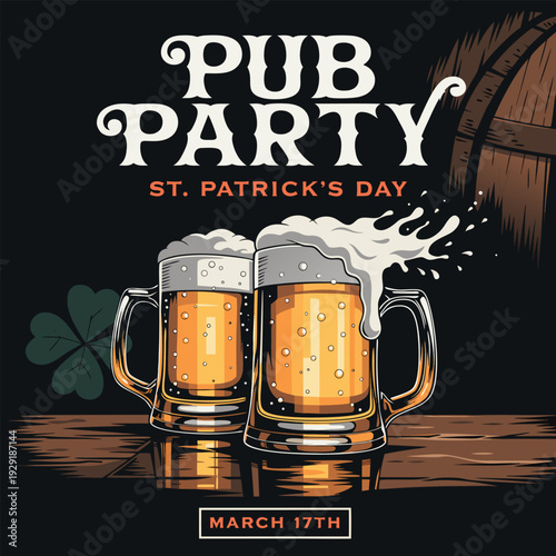 Pub party st patricks day with two beer mugs, green shamrock, wooden table and barrel, march 17th celebration