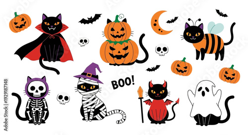A collection of cute Halloween-themed cartoon characters including cats dressed as a vampire, skeleton, mummy, bee, and devil, alongside pumpkins, ghosts, bats, and a crescent moon.