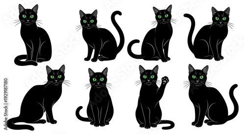 A collection of eight black cats with striking green eyes, depicted in various poses against a white background.