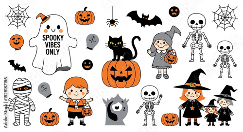 A collection of cute and spooky Halloween-themed illustrations featuring ghosts, skeletons, witches, mummies, and pumpkins.