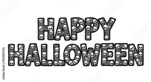 Happy Halloween text art filled with numerous small skull illustrations, presented in a bold, outlined font.