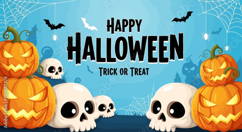 Happy Halloween Trick or Treat banner with pumpkins, skulls, and bats on a blue background with spiderwebs.