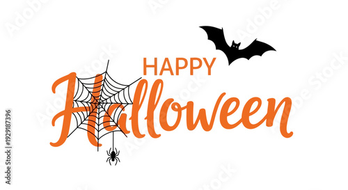 Happy Halloween text with a spider web, a spider, and a bat illustration.