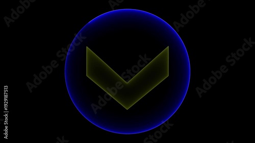 Neon Yellow Down Arrow Inside Blue Glowing Circle Loop Animation Background.