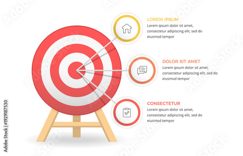 Infographic template with red target with three elements for icons and text