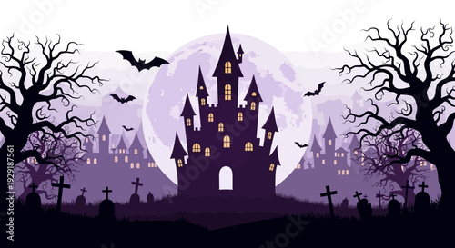 A spooky haunted castle silhouetted against a large full moon with bats flying around and bare trees in the foreground.