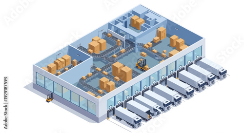 Warehouse Distribution Center with Trucks and Packages.