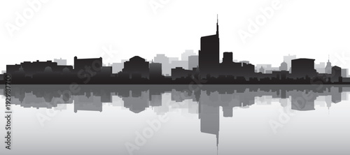 Black and white panoramic poster of the city skyline with misty background buildings and water reflection of MILAN, ITALY