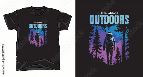 T-shirt design print illustration Illustrations of t-shirt design with graphic outdoor adventure mountain hiker walking through forest