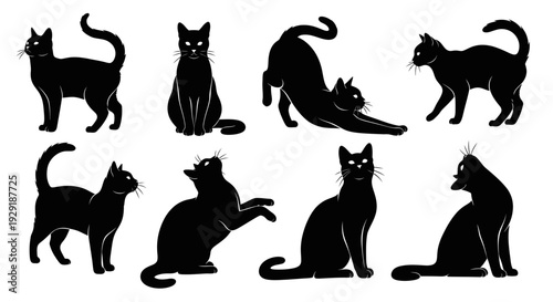 A collection of eight black cat silhouettes in various poses, showcasing their elegant and mysterious nature.