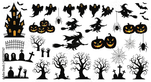 A collection of black Halloween-themed silhouettes including a haunted house, pumpkins, witches, ghosts, spiders, and gravestones.