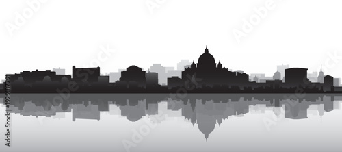 Black and white panoramic poster of the city skyline with misty background buildings and water reflection of ROME, ITALY