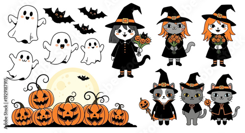 A collection of cute Halloween-themed illustrations featuring ghosts, witches, cats, and pumpkins under a full moon.