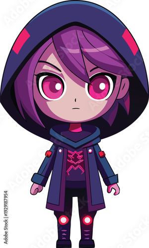 Anime neon hacker girl with glowing eyes vector illustration flat design
