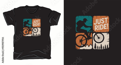 T-shirt design print illustration T-shirt design featuring cyclist riding mountain bike in abstract graphic squares with trees and mountains