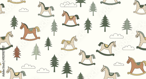 Charming seamless background pattern featuring nursery elements like wooden rocking horses, evergreen trees, and soft white clouds.