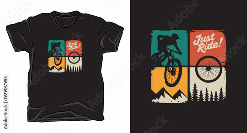 T-shirt design print illustration Mountain bike t-shirt design with cyclist silhouette and vintage retro sunset background for outdoor enthusiasts