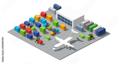 3D illustration of an airport cargo handling facility with airplanes and shipping containers.
