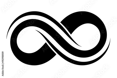 Elegant black infinity symbol with flowing lines on white, representing eternity and loops