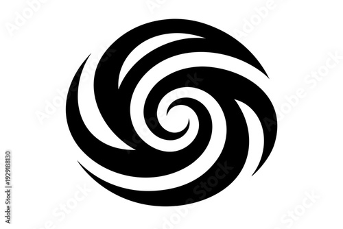 Dynamic black spiral or vortex symbol on white, representing energy and movement