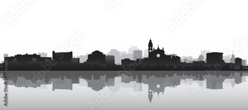 Black and white panoramic poster of the city skyline with misty background buildings and water reflection of TURIN, ITALY