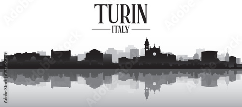 Black and white panoramic poster of the city skyline with misty background buildings and water reflection of TURIN, ITALY