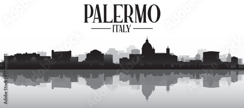 Black and white panoramic poster of the city skyline with misty background buildings and water reflection of PALERMO, ITALY