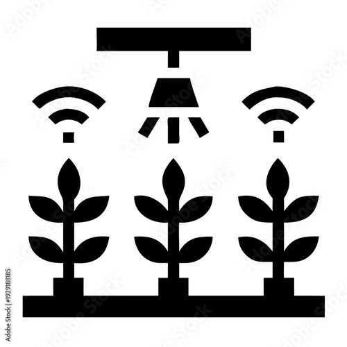 Smart Farming Icon: Sprinkler System Watering Plants with Wi-Fi Signals