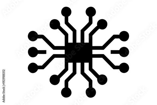 Black and white icon of a microchip or CPU with radiating connections, symbolizing processing