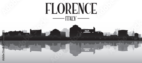 Black and white panoramic poster of the city skyline with misty background buildings and water reflection of FLORENCE, ITALY
