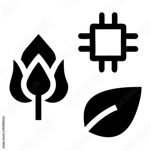 Biotechnology Icons: Plant, Chip, and Leaf