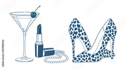 Elegant Nightlife Glamour Set Martini Cocktail Lipstick Pearls Leopard Print High Heels Vector