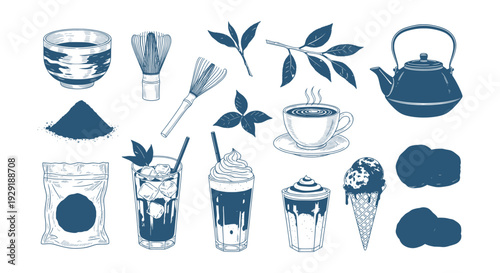 Matcha Tea Vector Illustration Collection Traditional Ceremony Drinks Powder Leaves Ice Cream Whisk