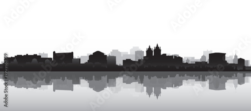 Black and white panoramic poster of the city skyline with misty background buildings and water reflection of SALVADOR, BRAZIL