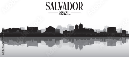 Black and white panoramic poster of the city skyline with misty background buildings and water reflection of SALVADOR, BRAZIL