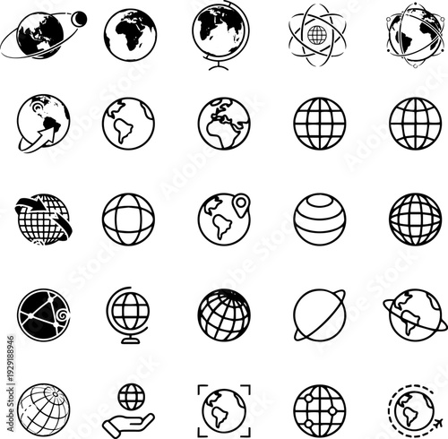 Globe and World Map Icons Set – Global Network and Earth Line Vector Collection