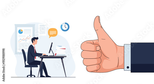 Dedicated businessman works at his office desk with a computer while a giant hand gives a thumbs up for high quality work performance.