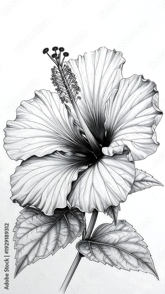 Fototapeta premium A detailed black and white drawing of a flower with leaves (1)