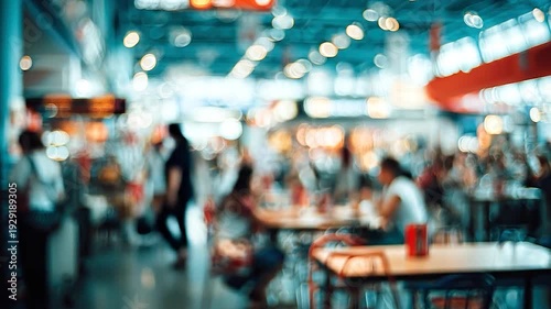 Abstract bokeh lights illuminate a bustling interior with unrecognizable figures