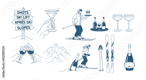 Stylish Winter Skiing Adventure and Vibrant Après Ski Party Scene Vector Line Art Set