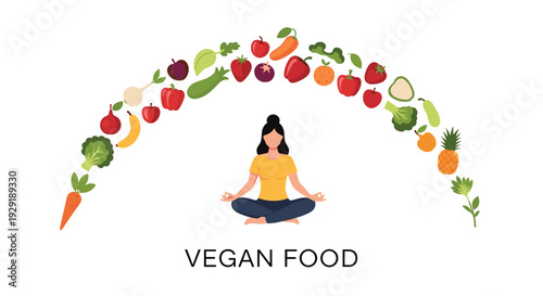 Healthy woman meditates in a yoga pose under a colorful arch made of various fresh fruits and vegetables labeled vegan food.