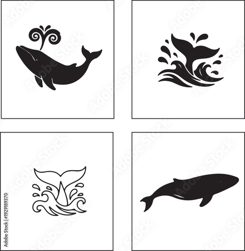 Minimal Whale Silhouette Icon Set – Ocean, Splash, Tail, Marine Life Vector Symbols