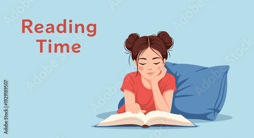 Young girl lies on the floor leaning against a blue pillow while deeply engrossed in a book for reading time enjoyment.