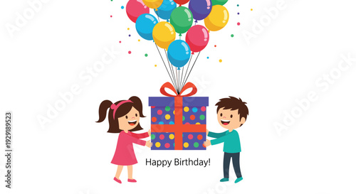 Little boy and girl hold a large blue gift box decorated with colorful dots and tied to many floating birthday balloons.