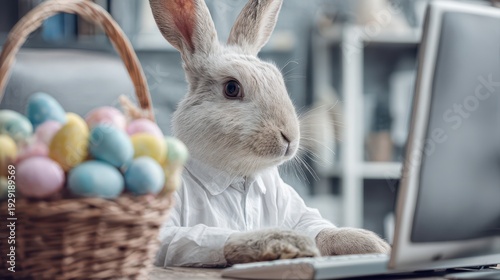 A busy Easter bunny in a white shirt attentively works on a computer at a desk, with a basket full of colorful pastel Easter eggs beside it.