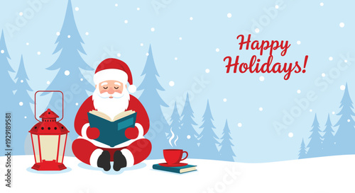Santa Claus sits in the snow surrounded by pine trees while reading a blue book next to a red lantern and a hot drink.