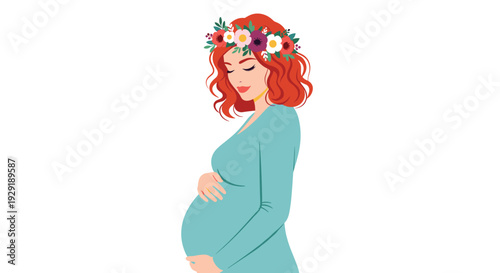 Beautiful pregnant woman with red curly hair wears a floral crown and gently holds her belly while wearing a blue dress.